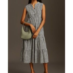 Everlane Black Gingham Tiered Midi Dress Sleeveless Casual XS